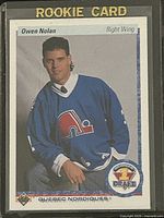 Front view of the 1990-1 Upper Deck Owen Nolan rookie hockey card showing player portrait and card details.