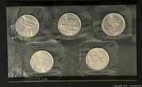 5 US quarter dollar coins from 2004 in plastic protective sleeve showing both obverse and reverse designs in proof-like condition
