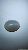 Photo of a smooth, oval shaped cabochon moonstone showing a distinct white catseye line.