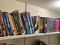 Shelf view showing variety of VHS tapes, DVDs, and Blu-rays including children's and TV series titles.