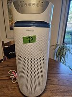 Front view of white cylindrical HoMedics air purifier showing perforated design and control buttons on top.
