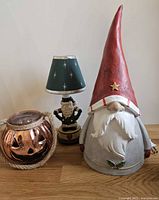Group shot of pumpkin lantern, Santa lamp, Santa gnome