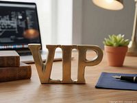 Front view of brass VIP paperweight on desk