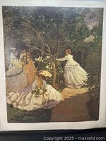 Full image of lithograph on canvas showing Victorian women in formal dress in garden with trees and flowers.