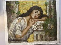 Front view of the oil on canvas painting depicting a woman resting on a ledge with a natural background.