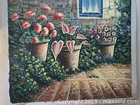 Full view of the floral garden oil painting on canvas showing flowers in pots against stone wall and tiled floor.