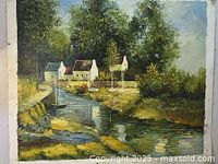 Full view of the oil painting showing the landscape scene with a river, trees, and houses.