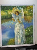 Full view of the oil on canvas painting showing the woman with parasol standing by the water with greenery and reflections.