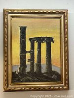 Full view of the oil painting on board depicting ruins and sunset with gold frame.