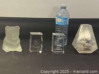 Set of four glass paperweights including a bear-shaped one and three other glass blocks with 3D etched designs next to a water bottle for scale.