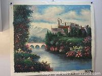 Full view of the landscape oil painting showing a castle, river, stone bridge, and flowering garden on 21 x 25 inch canvas.