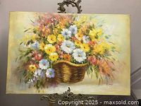 Full view of the 24 x 36 inch oil painting on canvas showing a vibrant flower basket still life.