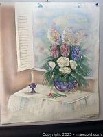 Full view of the still life painting showing floral arrangement on table with window and candle holder.