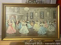 Front view of vintage lithograph depicting ballroom dance scene in detailed wooden frame.