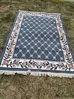 Full view of rug showing pattern, colors and fringe