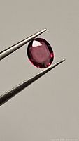 Close-up image of oval faceted natural pink red sapphire held by tweezers, showing its deep vibrant color and facet details.