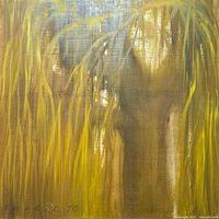 Front view of abstract painting showing signature and overall imagery