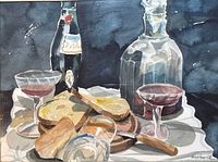 Full view of signed Baslaw 1965 watercolor still life with wine bottle, decanter, glasses, bread