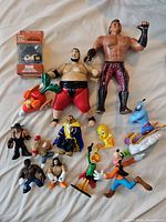 Top-down photo of all assorted figurines laid out on a white surface, showing variety in size and style including wrestling-themed and classic cartoon characters alongside an anime keychain box.