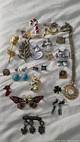 Photo showing assorted pins including candy cane, American flag, angel pins, colorful animal pins, butterfly brooch, earrings, and a necklace with a round locket pendant.
