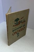 Angled side view of the book showing the beige cloth cover with printed title and illustrations and the spine.