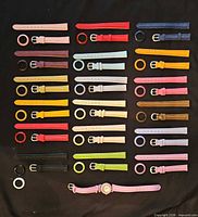 Entire set laid out showing watch face, 20 bezels, 19 strap pairs in assorted colors
