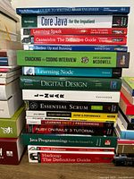 Stack of seventeen programming and computer science books showing visible titles and publishers