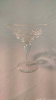 Side view of a clear crystal martini glass showing the etched decorative pattern on the bowl, stem, and foot.