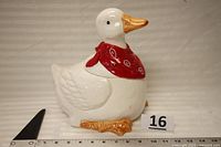 Full view of ceramic duck cookie jar with measuring scale showing height