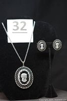 full view of necklace and earrings set on display