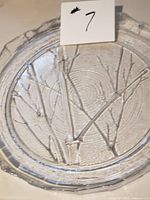 Front view of clear glass platter showing Tree Branches relief