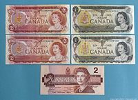 All five banknotes laid out showing fronts