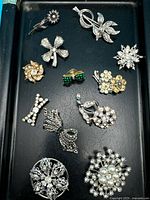 All 12 brooches and pins arranged on black tray