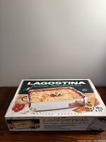 Box showing Lagostina deep lasagna roasting pan