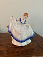Front view of Royal Doulton Pamela figurine showing blue and white gown