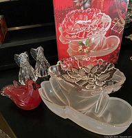 Group shot: Mikasa boot bowl, box, two glass angels, red glass cardinal