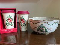 Lenox Joy of Christmas bowl with two ceramic travel mugs