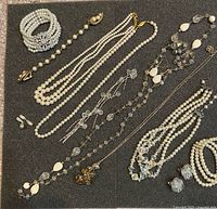 Entire lot laid out showing all necklaces, bracelets, earrings, sweater clip and hair pins