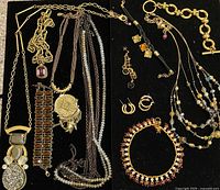 Overview of all necklaces, bracelets, brooch and earrings on black background