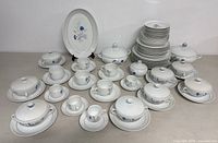 Full arrangement front view of the complete dish set showing plates, cups, bowls, tureens and platter with characteristic blue cornflower decoration.