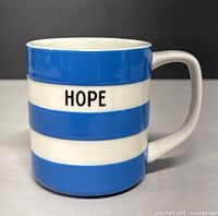 Front view of mug showing blue and white stripes and word 'HOPE' on white stripe