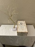 Gold Twinkling Tree decorative light tree assembled on white round base with touch power button, next to two remaining trees in original packaging stacked horizontally on table against plain wall