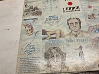 Photo of section of album cover artwork and text showing Beatles references and song names, titled 'Imagine' and 'Cold Turkey.'