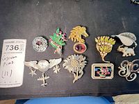 All brooches and pins laid out showing motifs and finishes