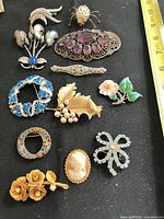 All 11 brooches grouped on black background with measuring tape