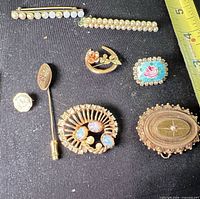 Group shot of all seven gold-tone pins and brooches with ruler for scale