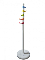 Full photo of the white metal clothes stand with multiple colored hooks on central pole.