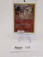 Charizard Cosmos holo card displayed upright in a clear protective case on a small stand, front view showing price tag $100.