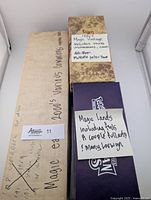 Top view showing one long box labeled 2000s commons, one gold patterned box labeled 1990s vintage cards, and one purple box with a note about lands.