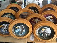 Ten eagle collector plates displayed with wooden frames and metal stands, showing detailed eagle designs in various artistic scenes.
